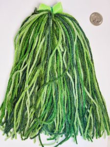 Green Forest AquaNest yarn mop with a bright green float, photographed beside a quarter for scale